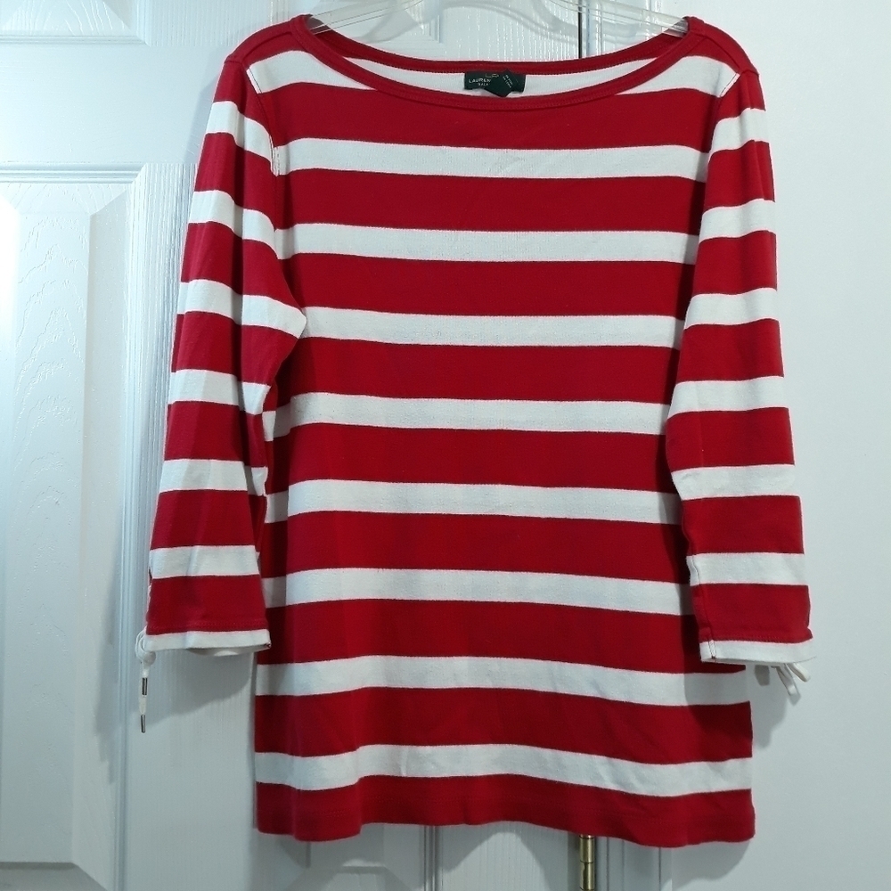 Ralph Lauren Jeans Co.Top 100% Cotton 3/4 Sleeve White and Red Top Size …